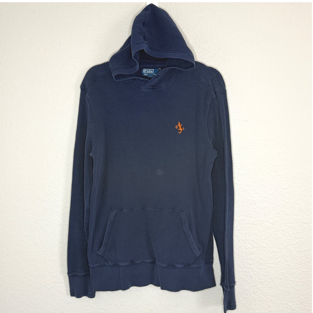 Vintage Polo Ralph Lauren Mens Large Navy Hoodie Waffle Knit‎ Logo Hooded Shirt